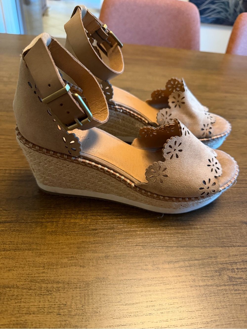 Crown Vintage Beige Suede Floral Laser-Cut Wedge Sandals